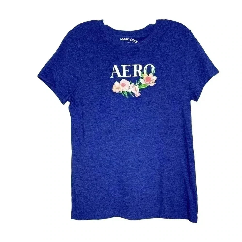 Aeropostale Classic Crew Tee Flower Logo Blue Shirt